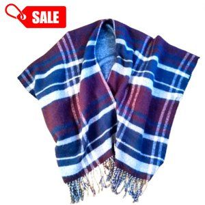 PONCHO - Plaid Soft Blanket Poncho in Red, White, and Blue with Tassles